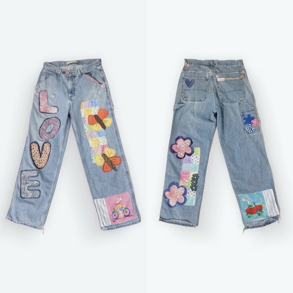 Artfully Altered Gap Carpenter jeans hand embroidered flowers butterflies Medium - Picture 12 of 12
